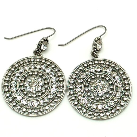 Circular Rhinestone Dangle Earrings Filigree Silver-tone Metal - Picture 1 of 9
